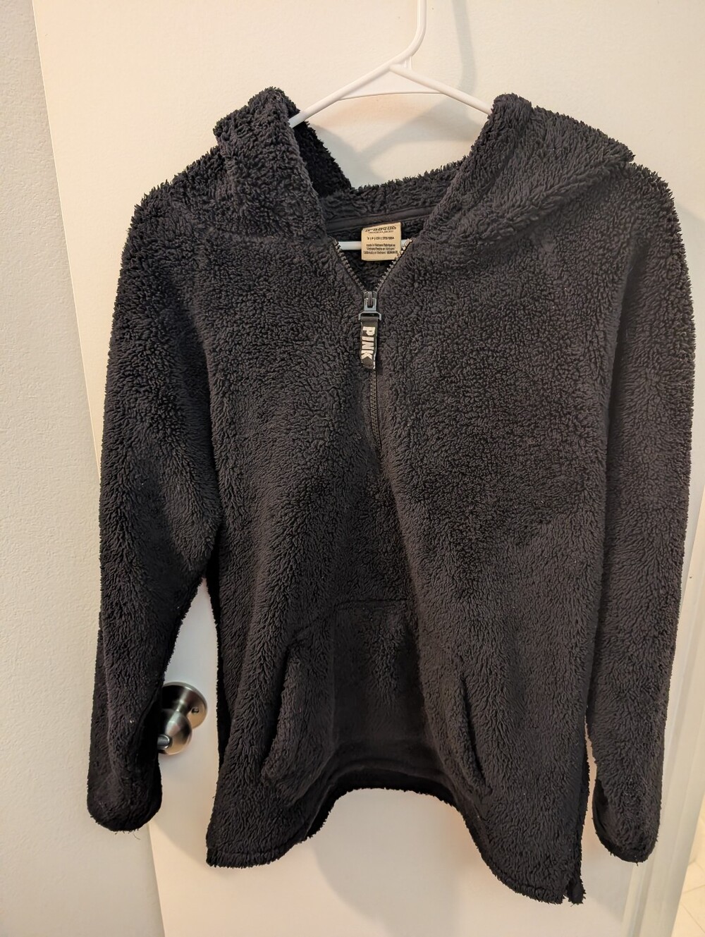 PINK Victoria's Secret Womens Black Plush Half Zip Sherpa Hoodie